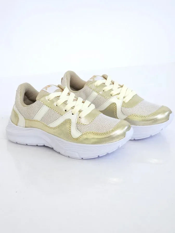 Tenis colombianas JADE para niñas Beige y dorado 746