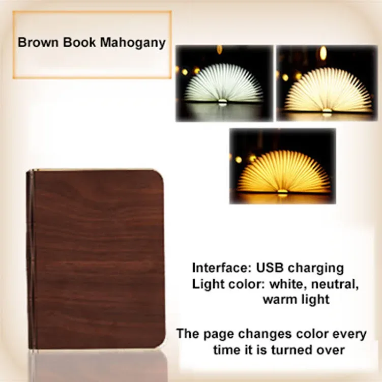 Lámpara LED acabado de madera en forma de libro