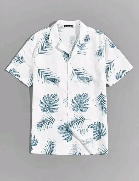 Camisa para caballero color blanco y celeste  con estampado de hojas tropicales