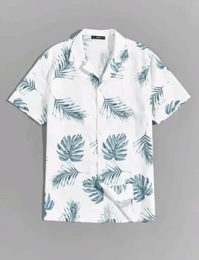Camisa para caballero color blanco y celeste  con estampado de hojas tropicales
