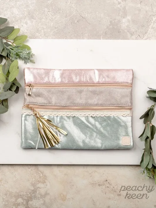 Cartera multiuso para dama color celeste, oro rosa, dorado y celeste