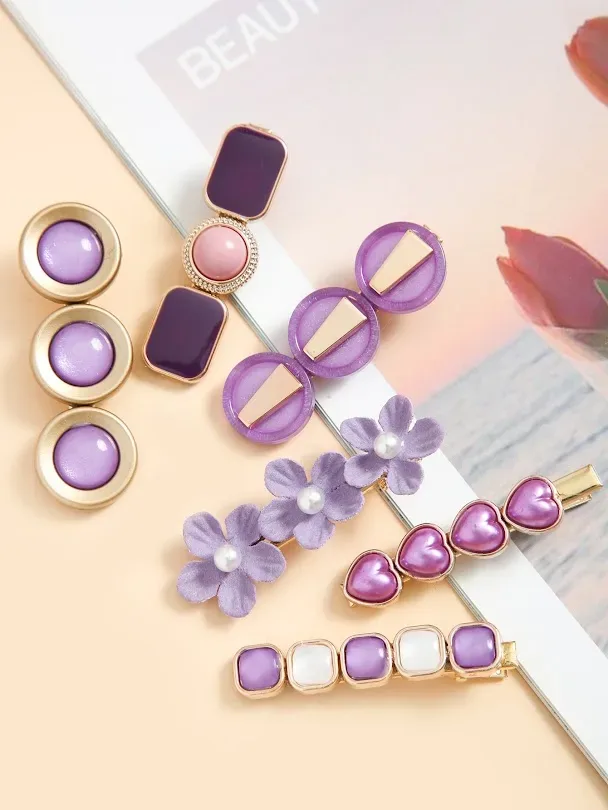 Set de prensas de cabello para dama diseño varios color morado y dorado