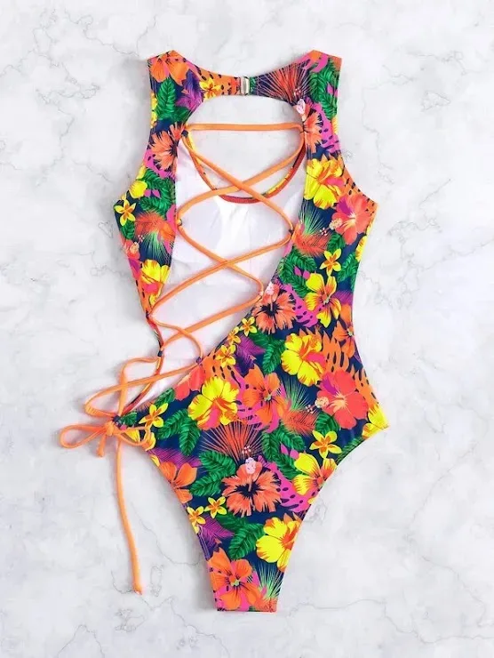 Vestido de baño para dama con estampado tropical