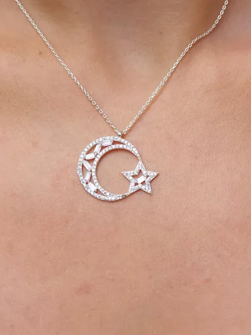 Collar plata 925 para dama con diseño de luna y estrella color plateado #20