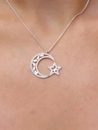 Collar plata 925 para dama con diseño de luna y estrella color plateado #20