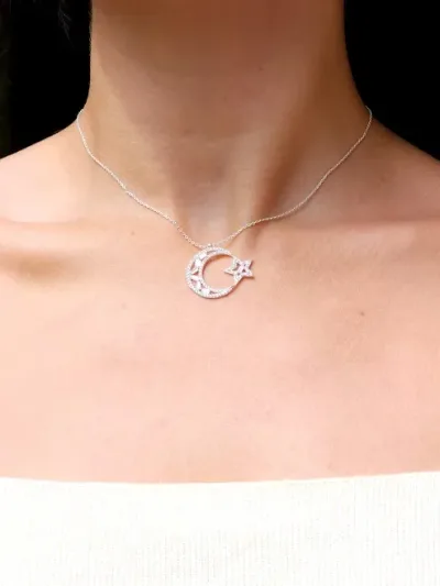 Collar plata 925 para dama con diseño de luna y estrella color plateado #20