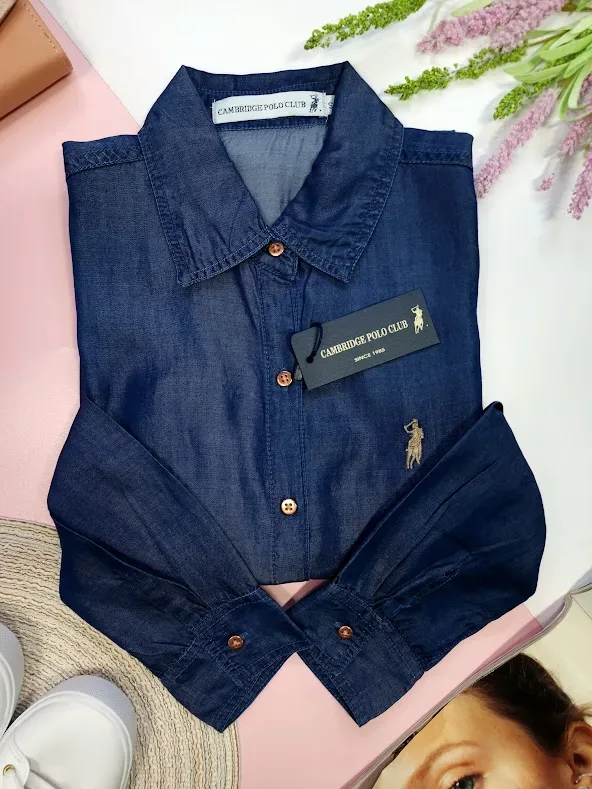 Camisa manga larga Cambridge Polo Club para dama color mezclilla oscura.
