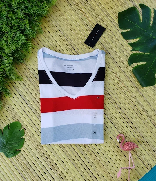 Camiseta Tommy Hilfiger para dama rayas blanco azul rojo y celeste