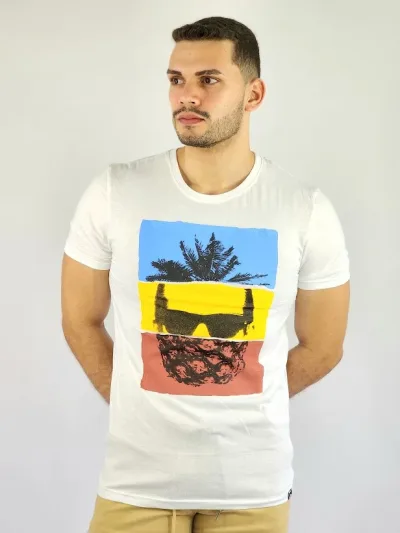 Camiseta de hombre Touch and Go blanco con diseño tropical