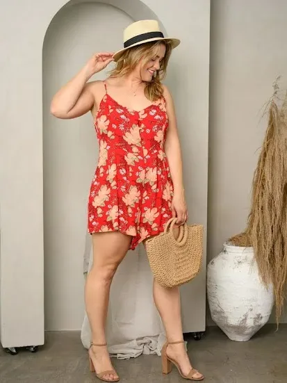 Enterizo para dama diseño floral color rojo
