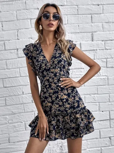 Vestido para dama color azul oscuro con diseño floral