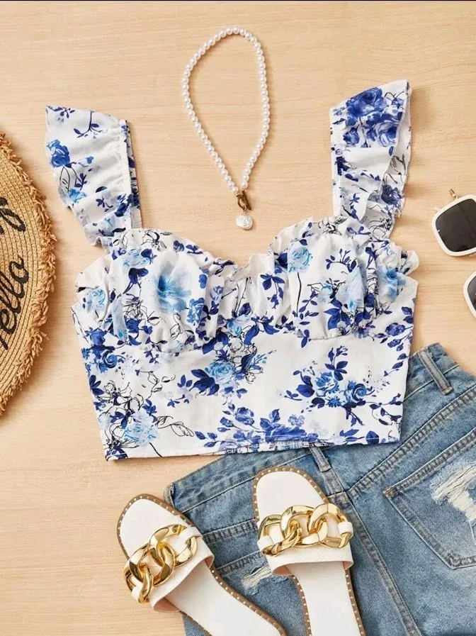Crop Top blanco floreado