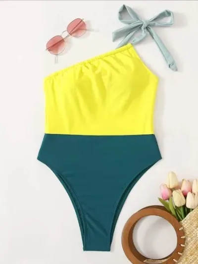Vestido de baño para dama color amarillo y turquesa