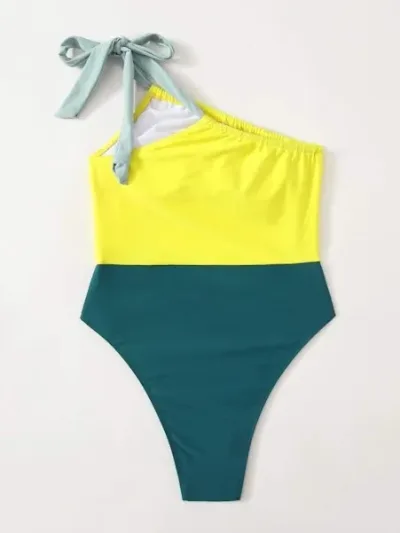 Vestido de baño para dama color amarillo y turquesa