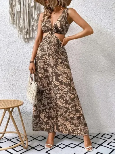 Vestido para dama con diseño floral en tonos café