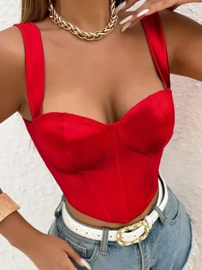 Top de tirantes para dama color rojo bustier de satén