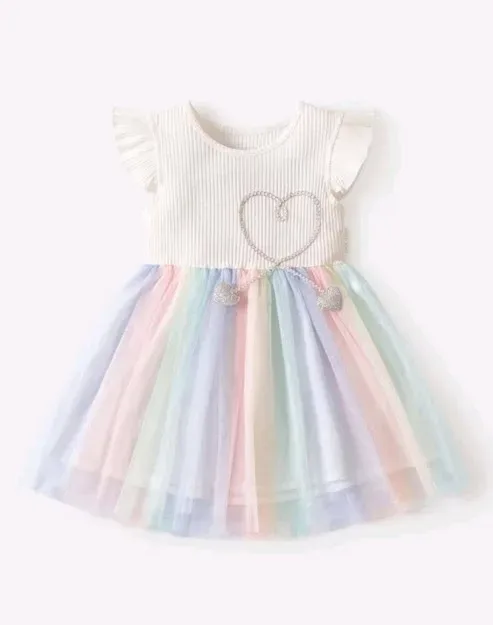 Vestido para niña color blanco con falda multicolor estilo tutu