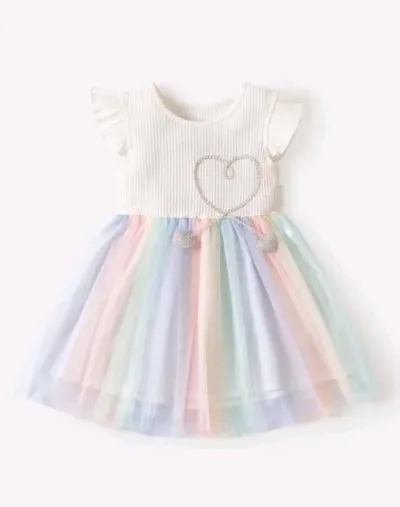 Vestido para niña color blanco con falda multicolor estilo tutu