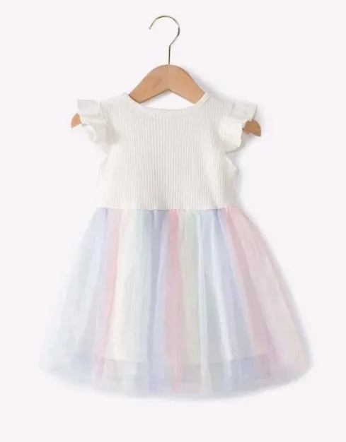 Vestido para niña color blanco con falda multicolor estilo tutu