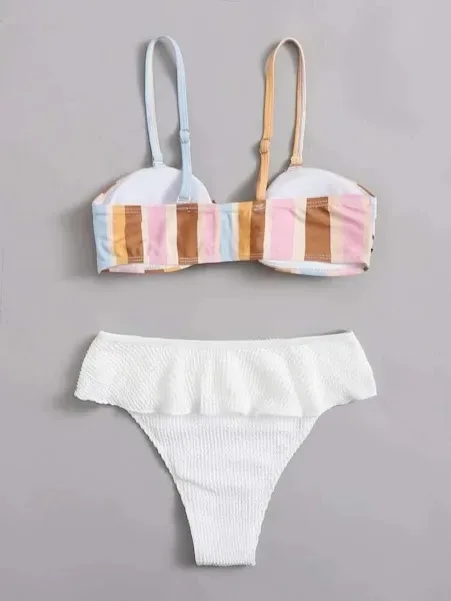 Vestido de baño para dama color blanco con diseño a rayas
