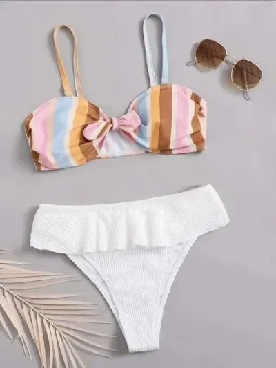 Vestido de baño para dama color blanco con diseño a rayas