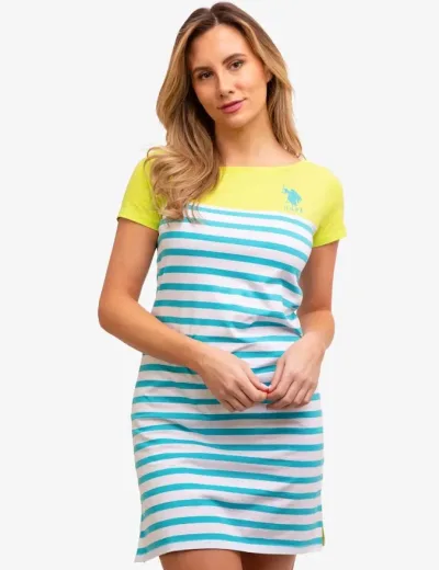 Vestido U.S Polo para dama a rayas blancas con turquesa