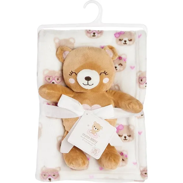 Conjunto de peluche y cobija con diseño de oso