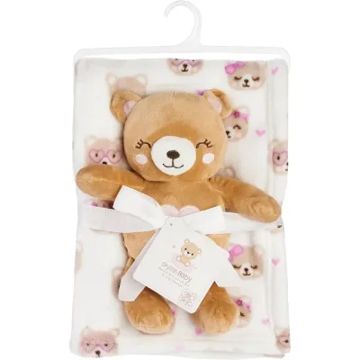 Conjunto de peluche y cobija con diseño de oso