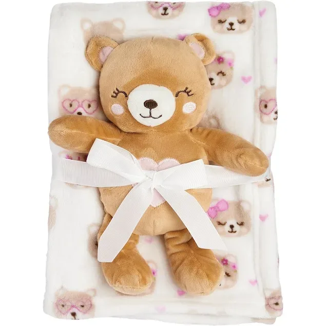 Conjunto de peluche y cobija con diseño de oso