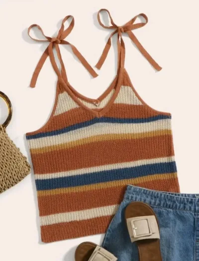 Blusa para dama color cafe con rayas azules y beige