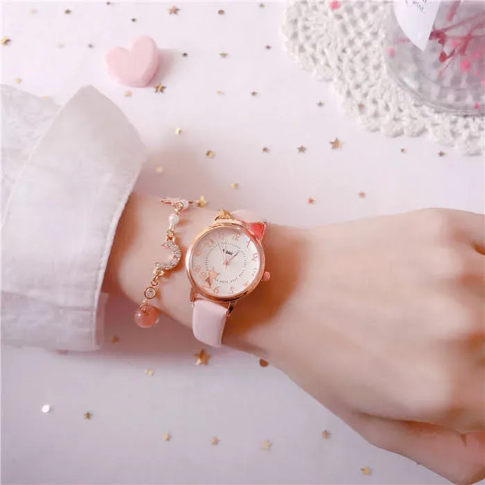 Reloj con diseño de gato para dama color rosado