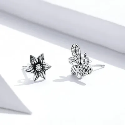 Aretes de plata 925 para dama diseño de flor y abeja