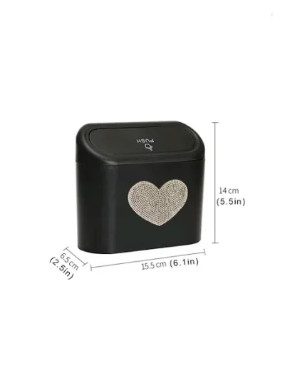 Basurero para coche con diseño de corazón de diamantes de imitación color negro y plateado.
