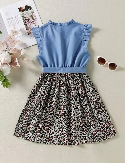 Vestido para niña color celeste y diseño animal print