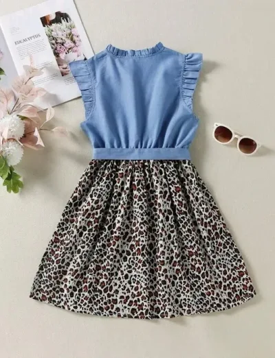 Vestido para niña color celeste y diseño animal print