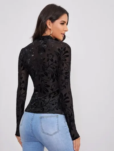 Top para dama color negro de malla floral cuello alto