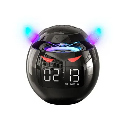 Parlante reloj despertador en forma de bola color negro y cuernos con luces LED