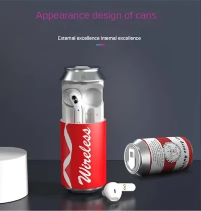 Audifonos inalámbricos diseño de refreco gaseos color rojo, plateado y blanco