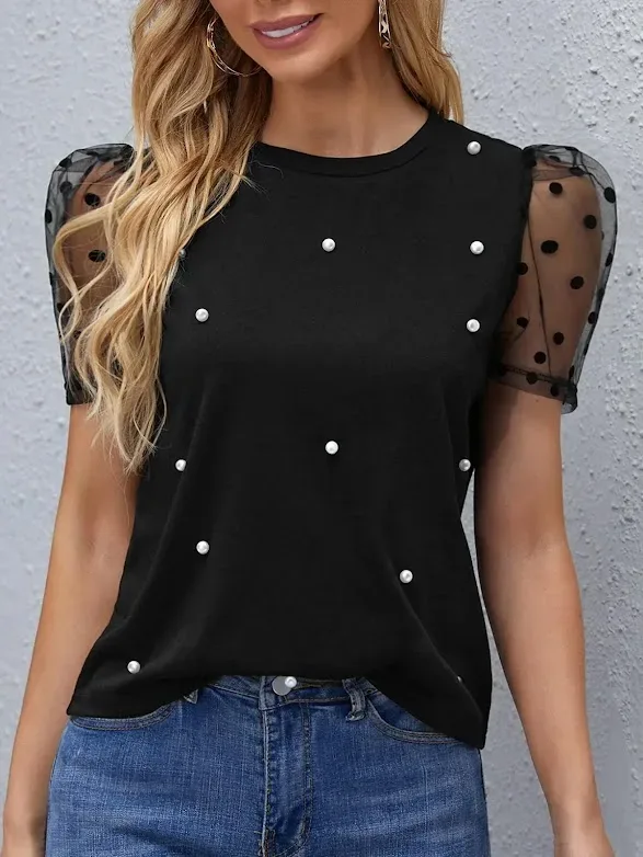 Blusa para dama color negro con perlas de manga farol de malla de lunares