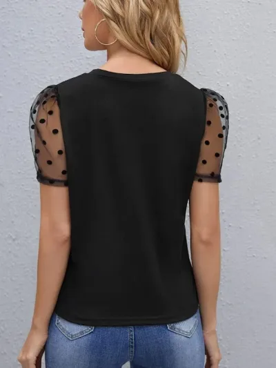 Blusa para dama color negro con perlas de manga farol de malla de lunares