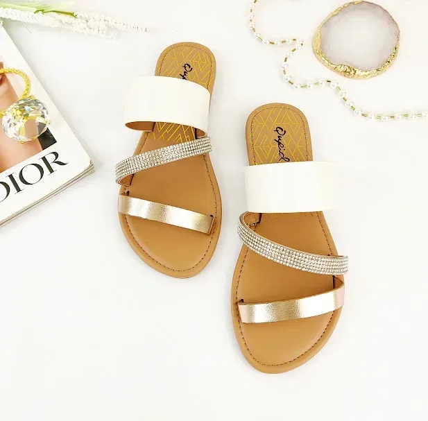 Sandalias para dama color camel, blanco y oro rosa