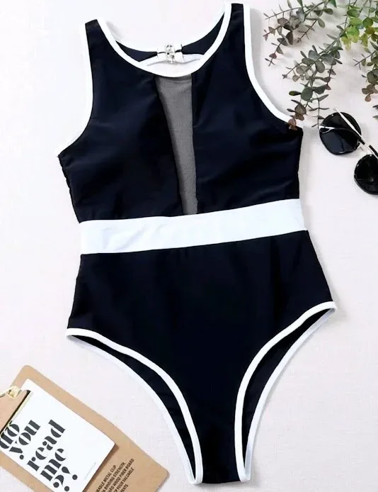 Vestido de baño de una pieza para dama color negro y detalles blancos