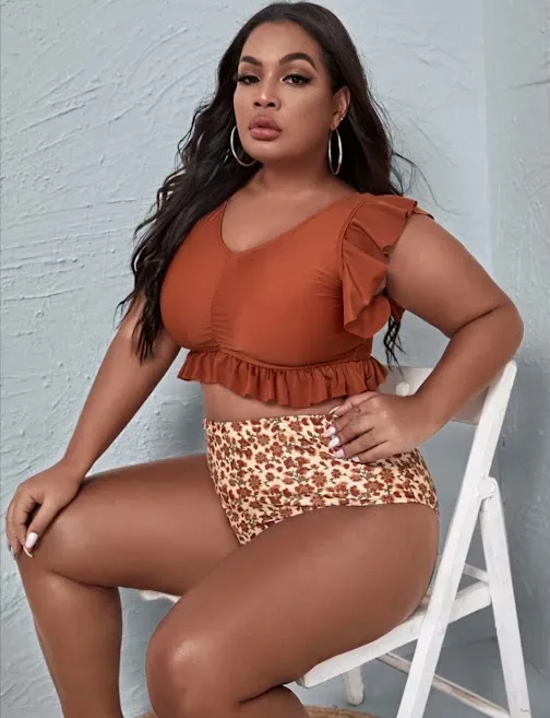 Vestido de baño para dama color terracota con estampado floral