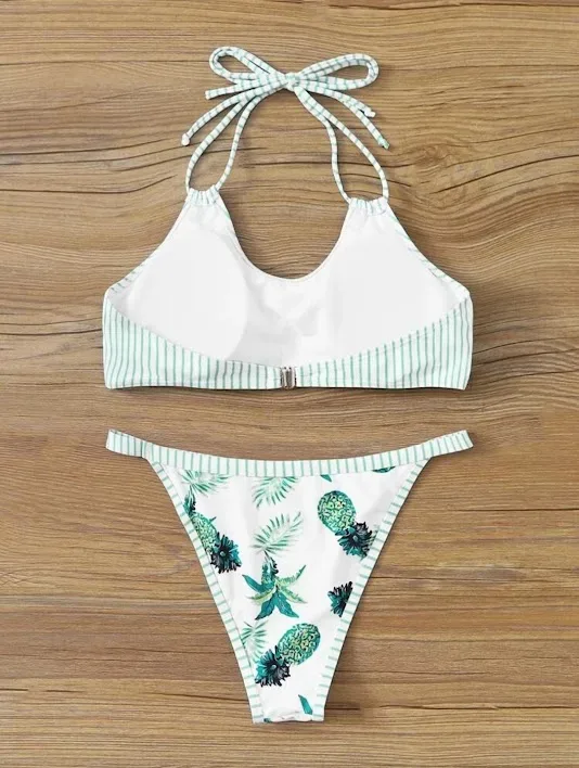 Vestido de baño para dama color verde con diseño de rayas