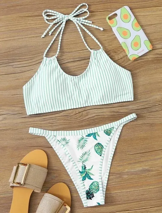 Vestido de baño para dama color verde con diseño de rayas