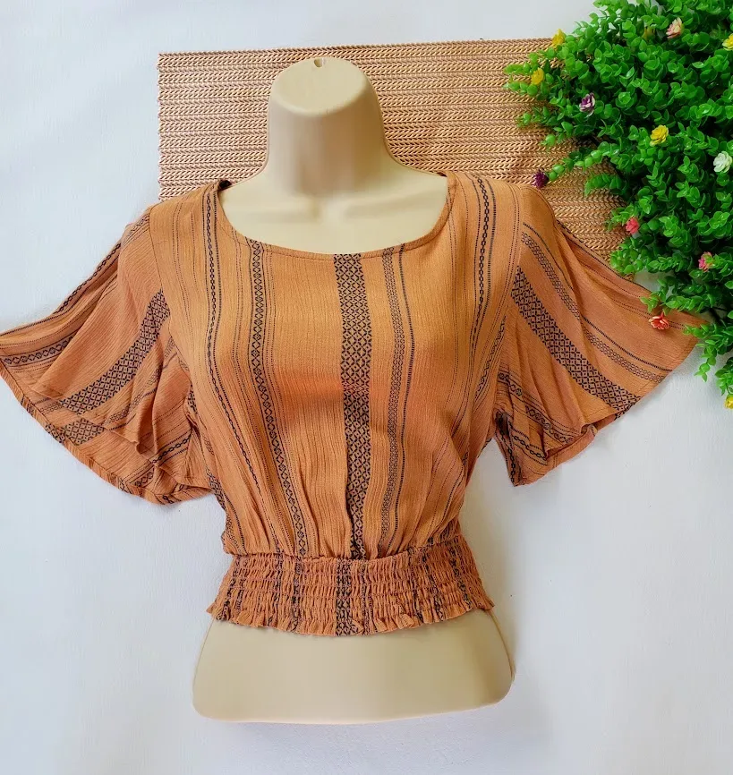 Blusa Potter´s Pot para dama color terracota con rayas azules