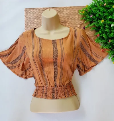 Blusa Potter´s Pot para dama color terracota con rayas azules
