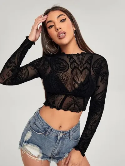 Top corto de malla para dama color negro