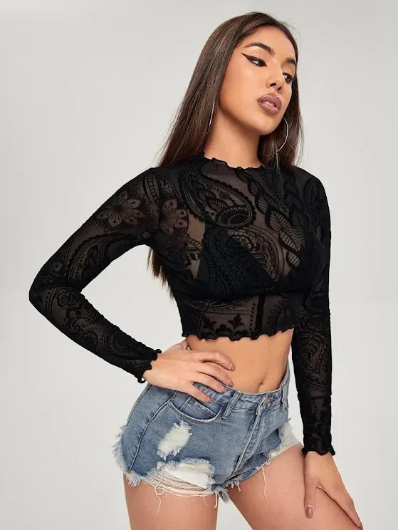 Top corto de malla para dama color negro