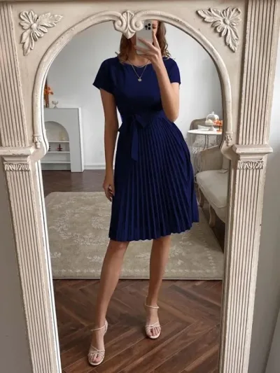 Vestido para dama color azul con diseño de paletones